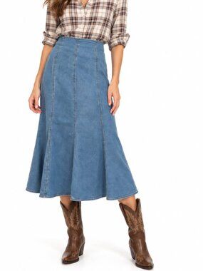 Susan Bristol Light Blue Denim Midi Skirt 8 Vintage Western Preppy Chic Festival